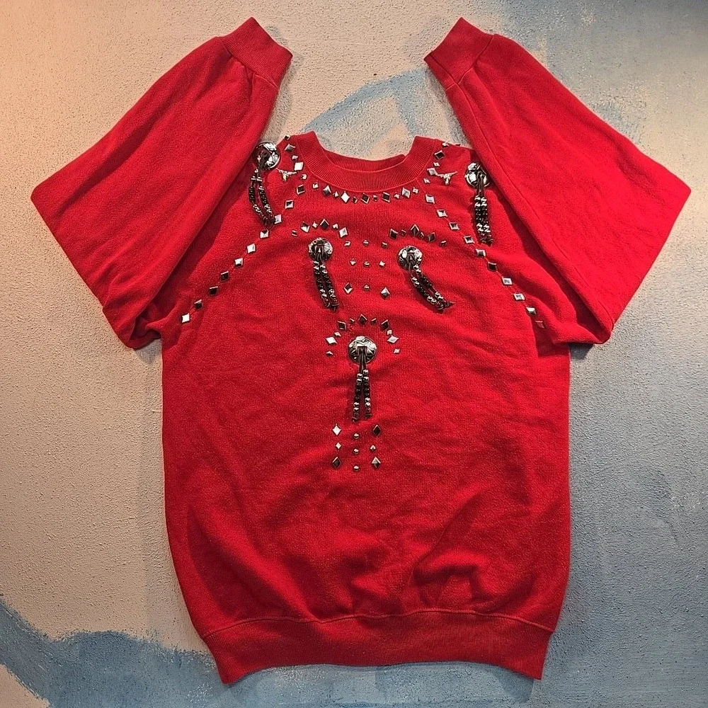 VTG Western Crewneck Red‎ Beaded Sweatshirt Longhorn Concho Studded USA 80s Sz M